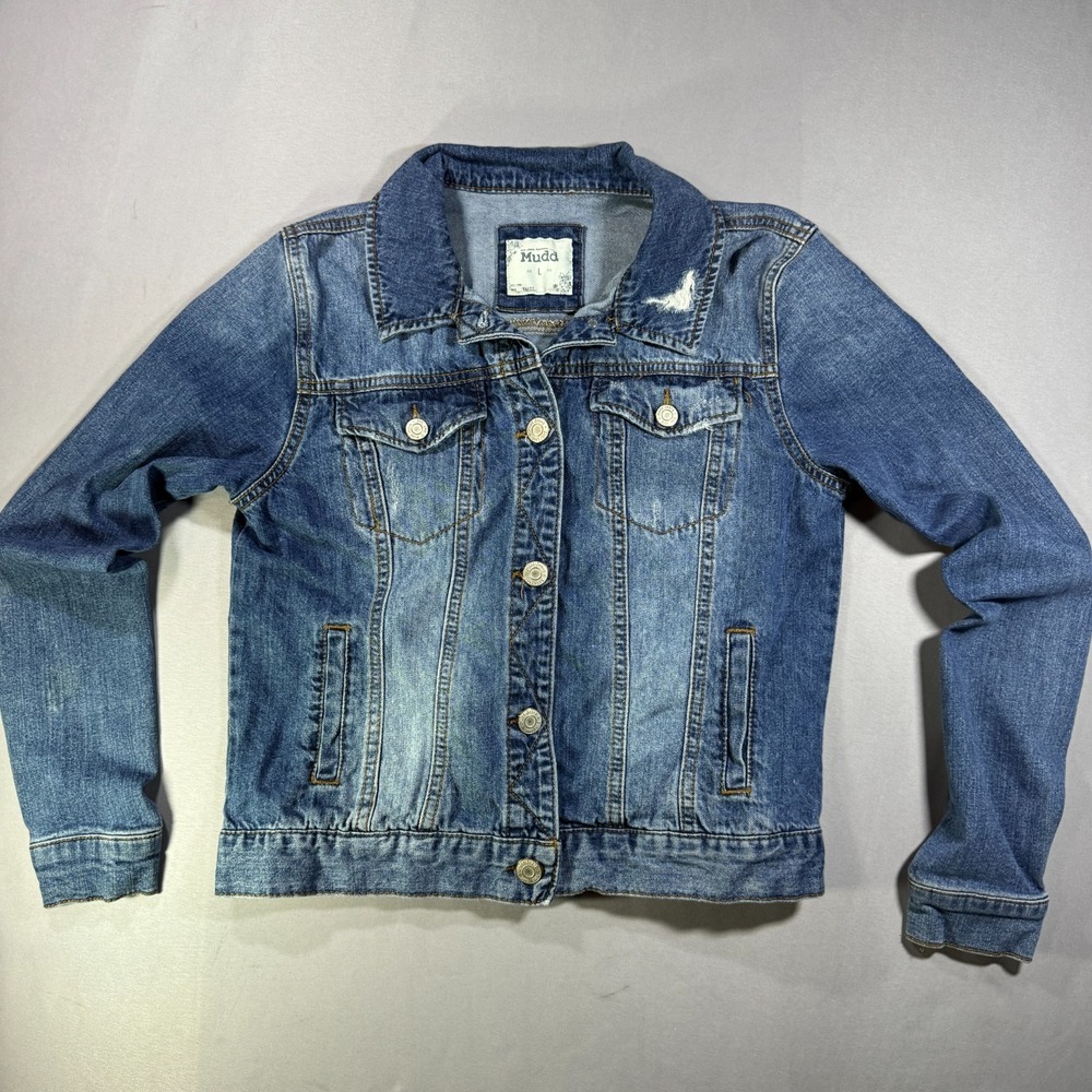 Mudd Womens Denim Jacket Large Medium Wash Distressed Trucker Stretch JM81Z000R